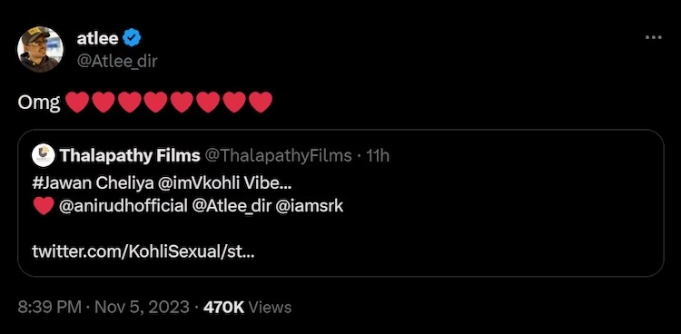 Atlee's tweet about Virat's dance to 'Chaleya'