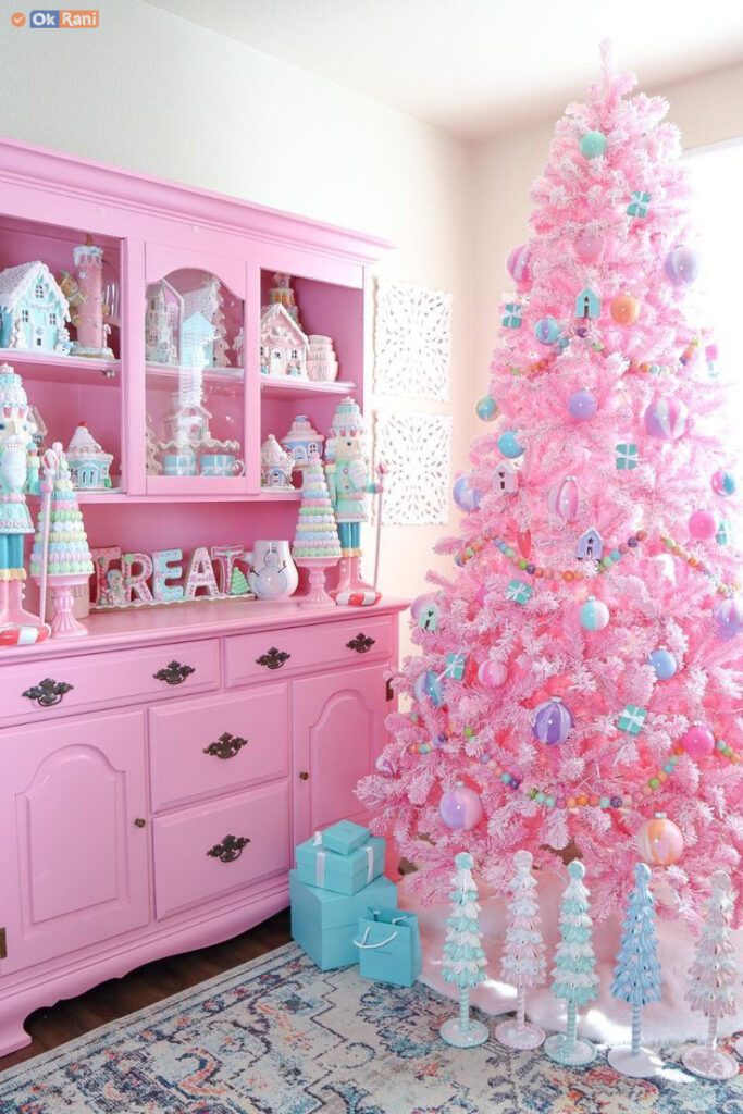 Pink and white christmas tree decorations