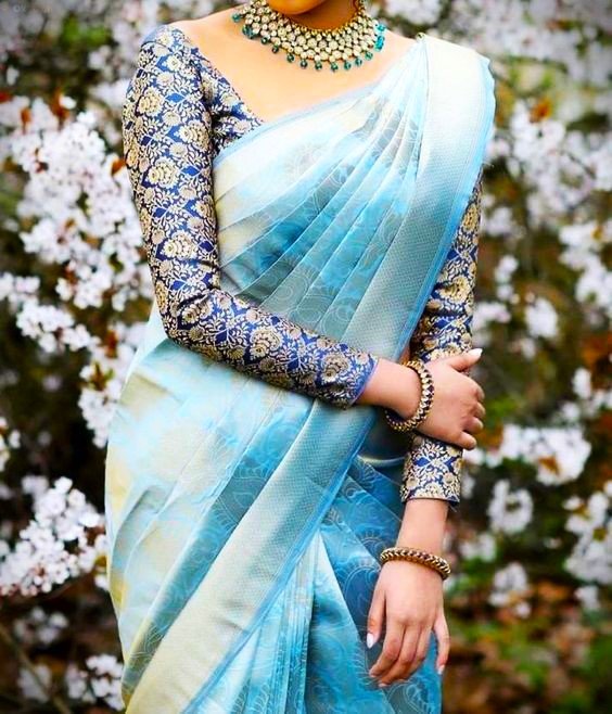 simple silk saree full sleeve blouse design 