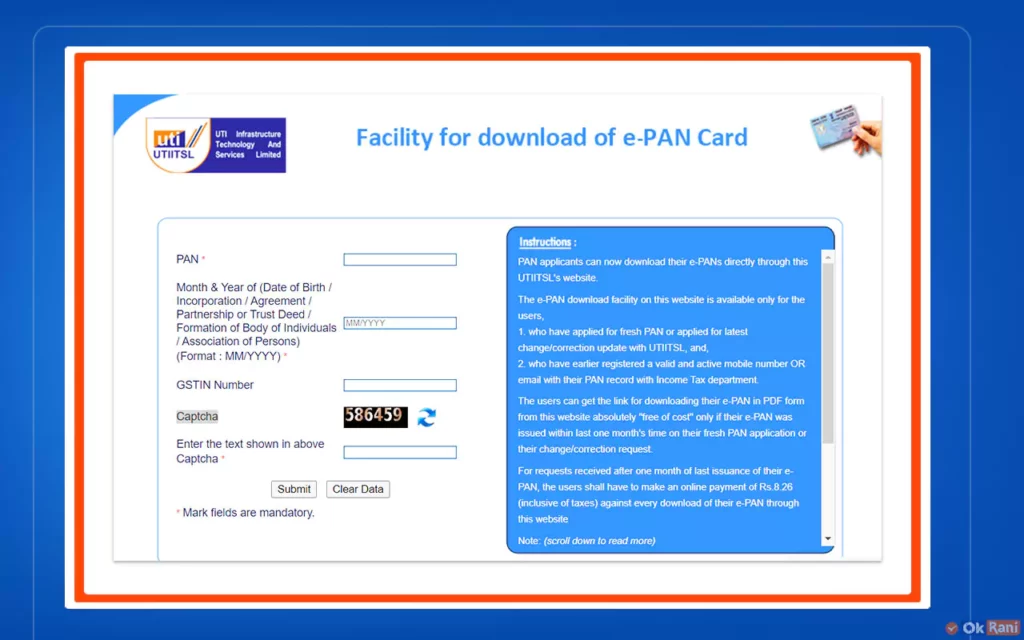 Entering details for uti pan card download