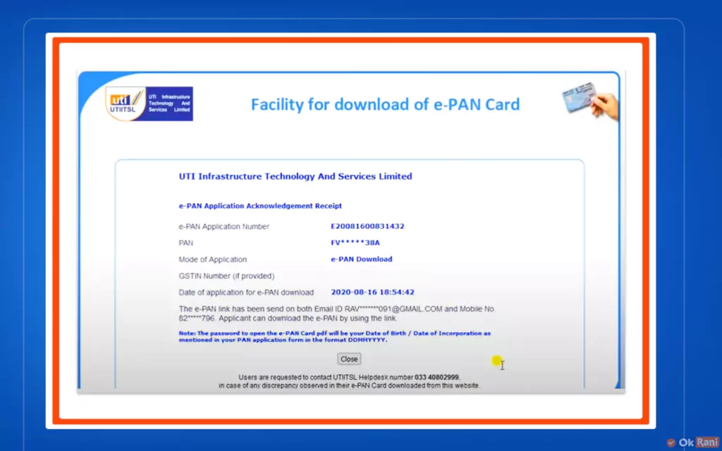 utiitsl  pan card download received in link
